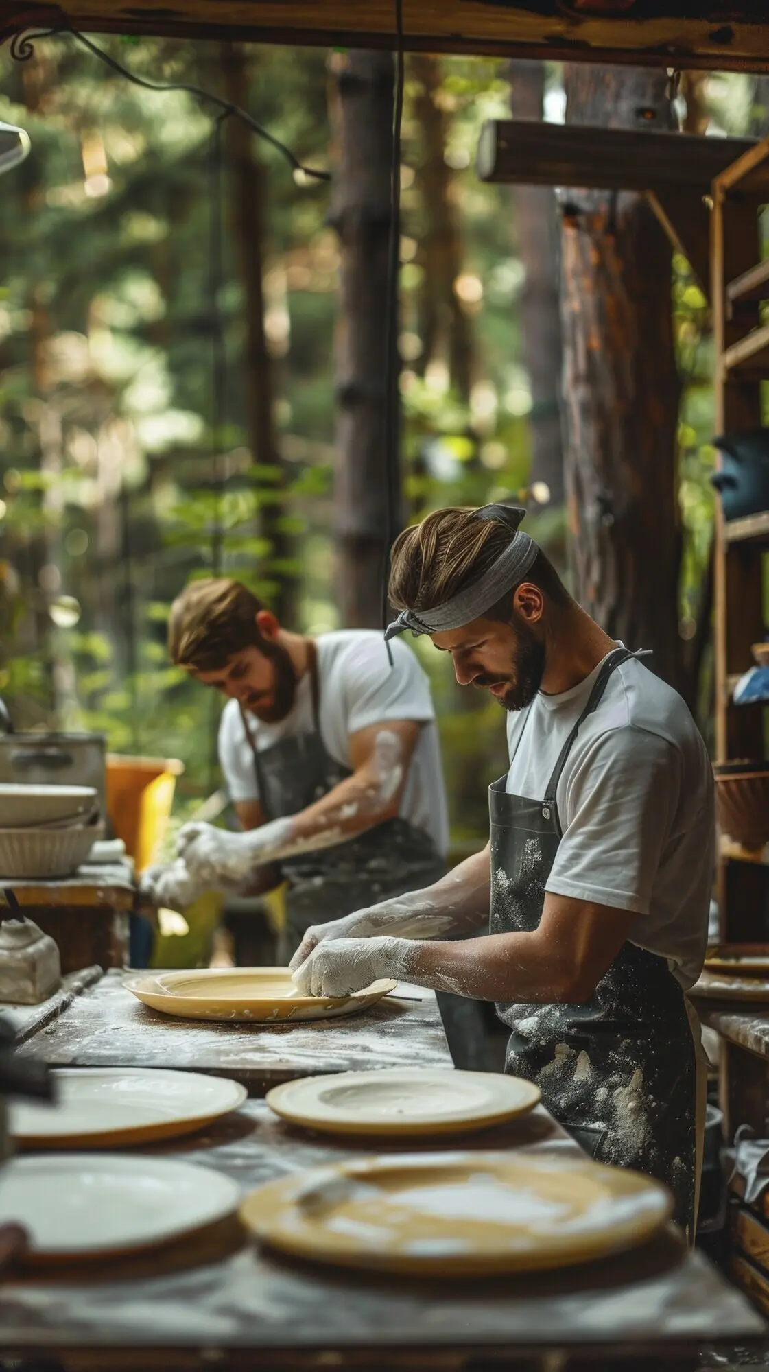 Porträt eines Mannes, der an Steinzeug-Keramik arbeitet.
